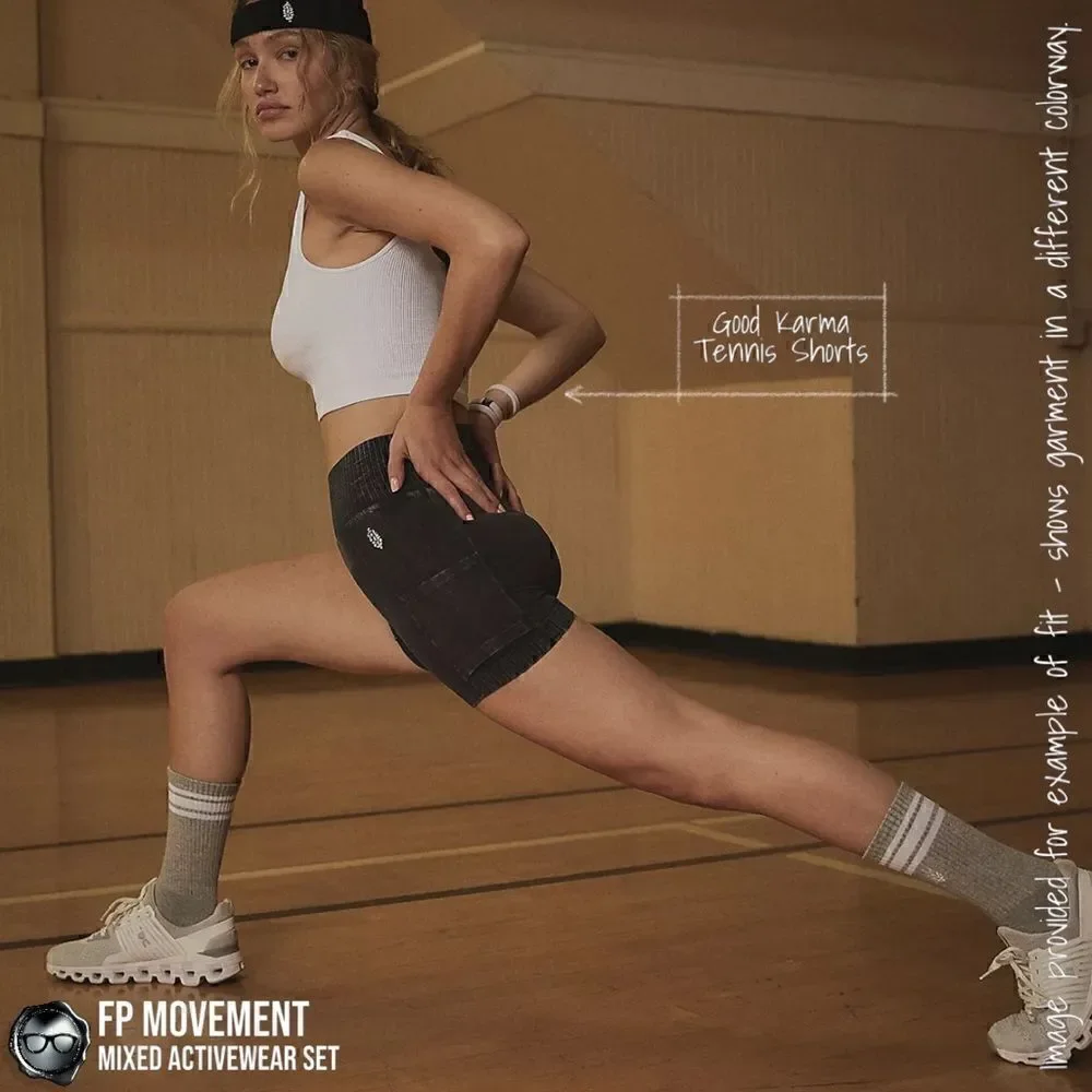 FP MOVEMENT SET GOOD KARMA SQUARE NECK BRA + TENNIS SHORTS + HAPPINESS RUNS CROP